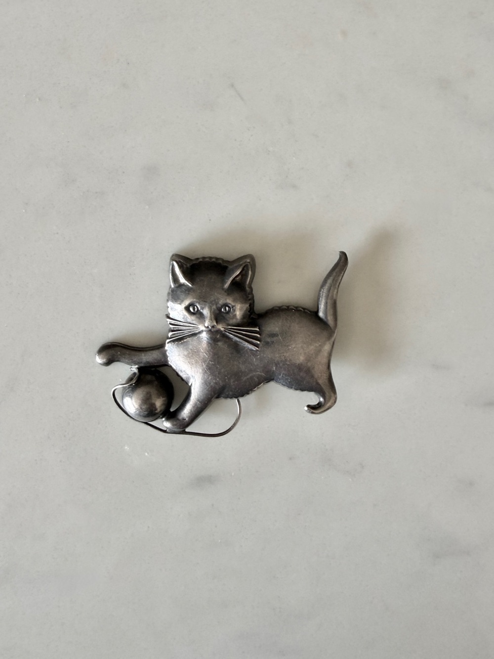 Sterling Silver Cat Brooch Pin with Ball - Vintage Cat Jewelry